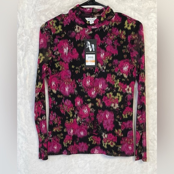 NWT Nine West Womens Print Pink Black Colorful Lined Sheer Blouse Turtleneck Sm - Picture 1 of 12